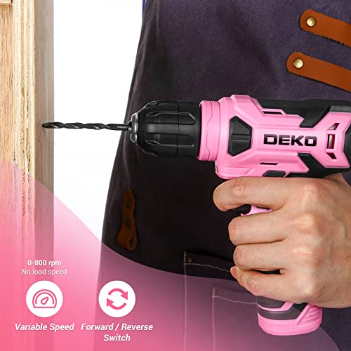 Pink DEKOPRO 8V Cordless Drill Set with 42 Accessories, Keyless Chuck & LED