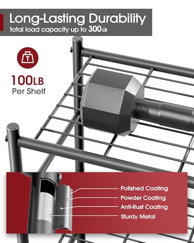 Sakugi 3-Tier Metal Storage Shelves Black 18x12x30-inch Adjustable Feet