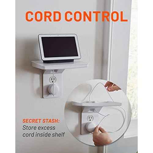 ECHOGEAR Wide Outlet Shelf - Next-Gen Design with Built-in Cord Storage & Room for Bulky Plugs - Works with Both Standard & Decora Outlets - Quick Install with Included Hardware