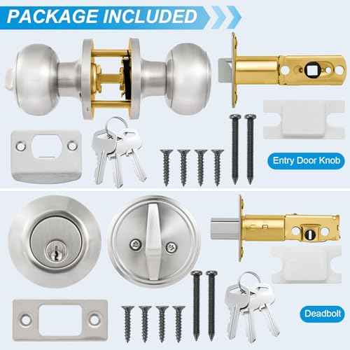 3 Pack Entry Door Lock and Single Cylinder Deadbolt Combo Set, Keyed Alike Satin Nickel Exterior Door Knobs with Lock&Keys, Round Ball Door Locksets with Deadbolt for Entrance and Front Door