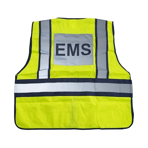 LINE2design High Visibility Front Pocket Safety Vest With Reflective Strips & EMS ANSI Polyester Fabric Yellow with Navy Trim, S-XXL, Average Size is Large