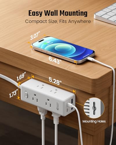 Superdanny 15ft Flat Plug Extension Cord with 10 Outlets & USB Ports - White