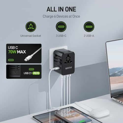 EPICKA 70W GaN USB-C Travel Power Adapter Black - 3 USB-C & 2 USB-A Ports