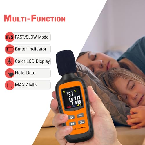 V·RESOURCING Decibel Meter 35-135dB Orange & Black with Temp, Fast/Slow, Max/Min & Data Hold