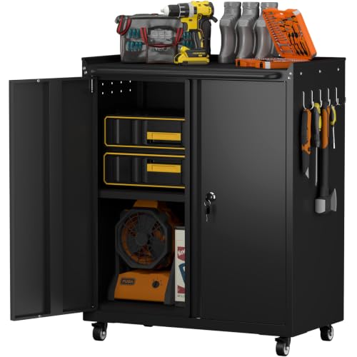 GreatMeet Black Rolling Garage Storage Cabinet with Lockable Doors, 26W x 14D x 31.88H