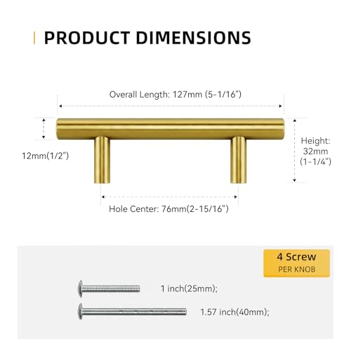 Goldenwarm 10 Pack 3 Inch Gold Cabinet Handles Brushed Gold Pulls with 76mm Hole Centers