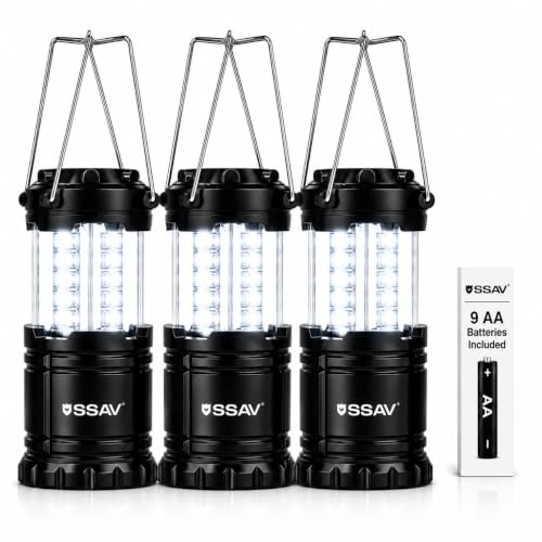 SSAV 3-Pack Black Battery Powered LED Camping Lanterns - Collapsible & Portable