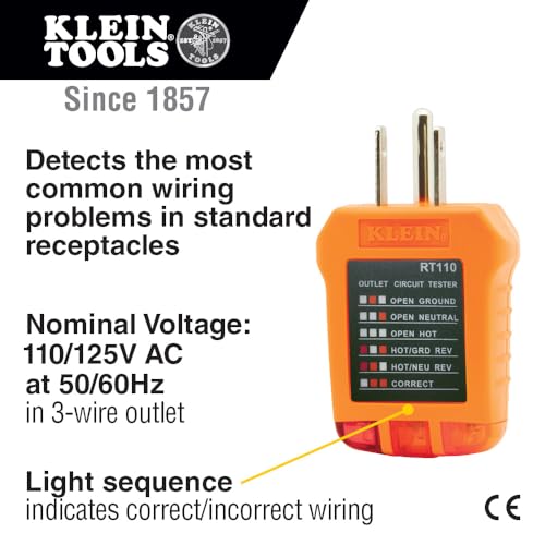 Klein Tools RT110 Outlet Tester - Receptacle Tester for North American Outlets, 3-Wire, AC Voltage, Safety Certified, Durable & Easy to Use