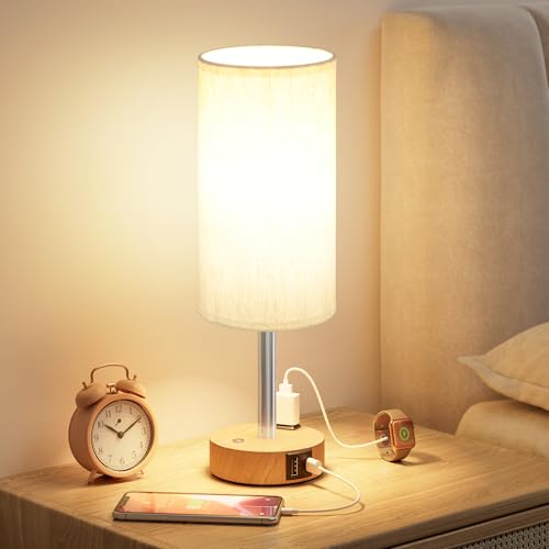 Aooshine Beige Wood Grain Touch Bedside Table Lamp with USB-C, USB-A & Outlet - Dimmable Night Light