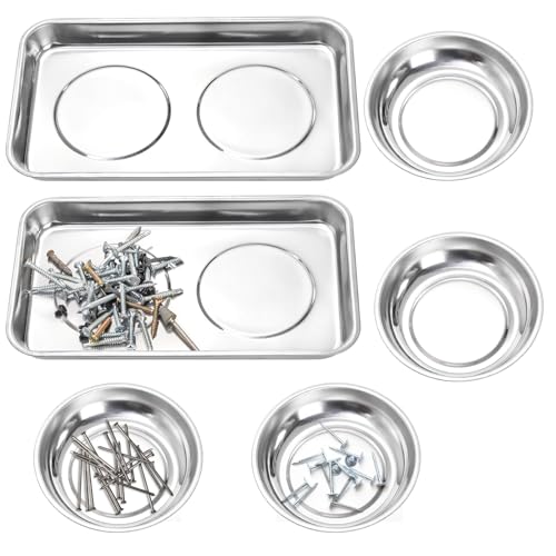 Okllen 6-Piece Magnetic Parts Tray Set - Stainless Steel, Heavy-Duty 9.5" x 5.5" & 4.25" Round