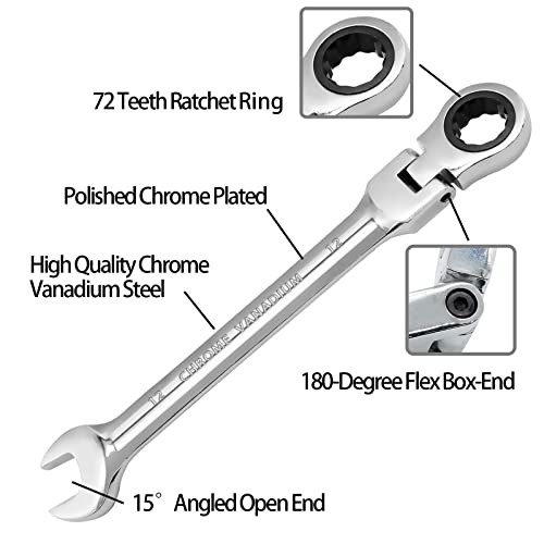 12mm Flex Head Ratchet Wrench, 12 Point Chrome Vanadium Steel Combination Spanner with 72 Tooth Ratcheting Gear, Metric Industrial Grade Tool for Automotive and Mechanical Maintenance