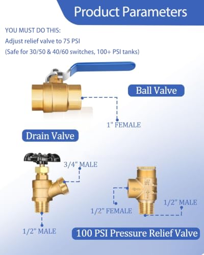 Miumoon 1"x 11" Well Pressure Tank Tee Kit with 40-60Psi Switch