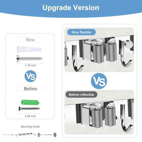 Mop and Broom Holder Wall Mounted, 4 Racks and 5 Hooks Broom, Upgraded Stainless Steel Broom Holder Self Adhesive, Broom Organizer, Tools Organizer for Home Kitchen bathroom Garden balcony