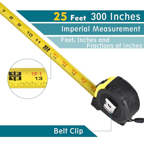 ALLWIN Yellow 25 Ft Metal Retractable Tape Measure with Fractions, Easy Read, 1-Inch Wide - 7.6 M