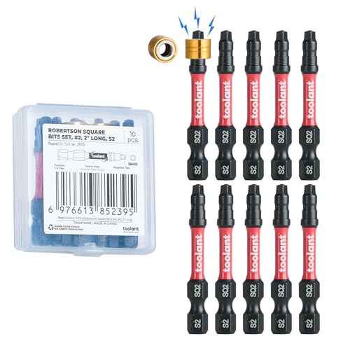 toolant Square Drive Bit Set, Square Impact Driver bits S2 Steel, Robertson Driver Bits Magnetic CNC Tips, Square 2 Impact Bit 1/4" Hex-Shank with Storage Box, 10pcs SQ2 2" Long
