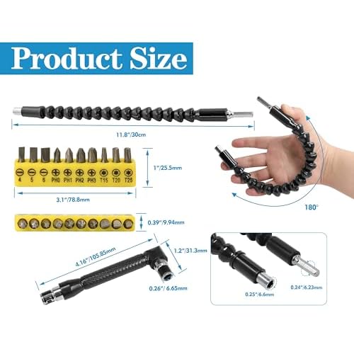 90 Degree Drill Attachment - Right Angle Screwdriver Extension,11.6-Inch Flexible Soft Shaft with 10 Interchangeable Bits,Power Drill Accessory Kit(12-Piece)