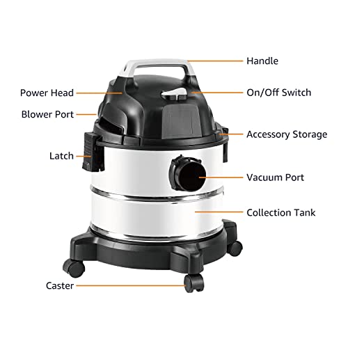 Amazon Basics 4 Gallon Wet Dry Shop Vacuum Cleaner, 3 HP Stainless Steel, Grey/Black