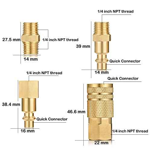 Air Coupler and Plug Kit, Quick Connector Air Fittings, 1/4 Inch NPT Industrial Brass Air Hose Fitting (4-Piece)