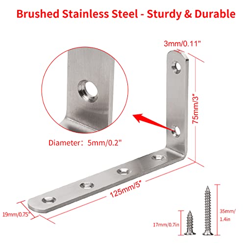 YUMORE Brushed Nickel L Bracket 5x3 Inch Heavy Duty Stainless Steel Shelf Support Pack of 4
