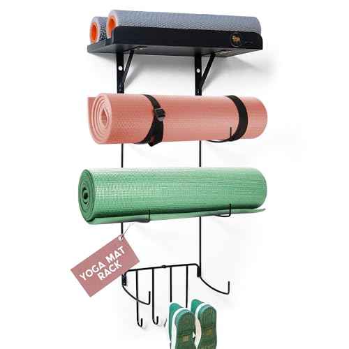 Olivia and Lily Wall-Mounted Yoga Mat Rack with black wood shelf - Organizer for Yoga Mats, Resistance Bands, and Accessories - Home Gym Storage Solution