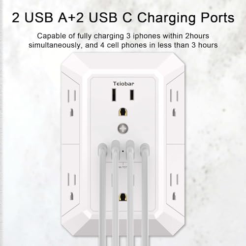 Teiobar White Wall Outlet Surge Protector with 6 Outlets & 4 USB Ports - Non-Night Light, 6-Outlets Version