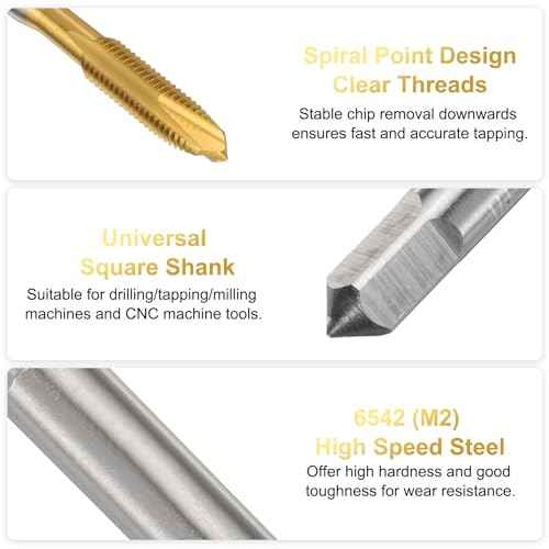 uxcell 10-32 UNF B2 Spiral Point Thread Tap, Screw Tap Threading Tapping Tool, Titanium Coated 6542 High Speed Steel Machine Taps Tapping Bit