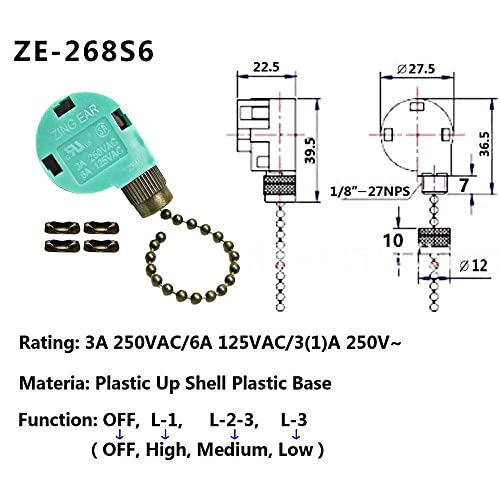 Akahttbn Bronze Ceiling Fan Switch Zing Ear ZE-268S6, 3 Speed 4 Wire Replacement Part