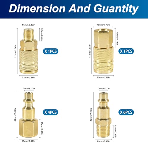 DIANN 12pcs Air Coupler and Plug Kit 1/4 Inch NPT Brass Air Hose Fittings Brass Quick Connector Air Fittings