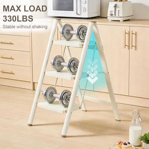 Valeo Cream White 3-Step Foldable Ladder with Wide Anti-Slip Pedals, Supports 330 LBS