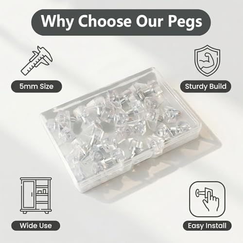 5mm Clear Shelf Support Pegs 30-Pack for Cabinets & Shelving - Hengengood