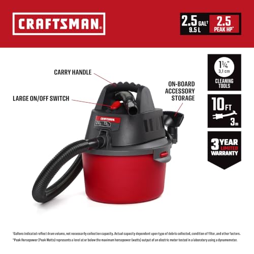 Craftsman 2.5 Gallon 2.5 Peak HP Wet Dry Shop Vacuum Portable Compact