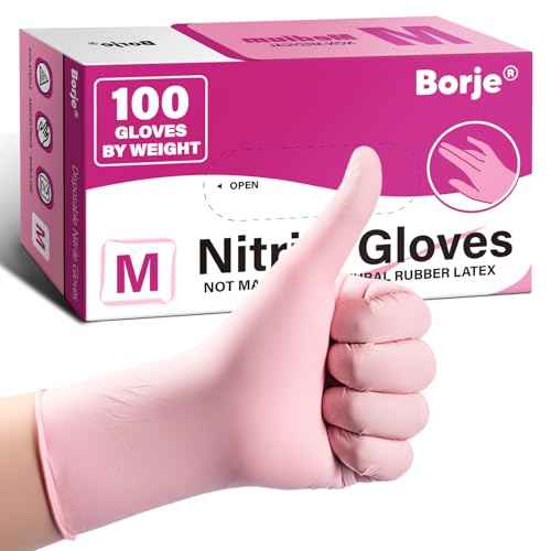 Borje Light-Duty Nitrile Disposable Gloves, 100 Count, Pink, Medium, Latex & Powder-Free, Food Safe, Esthetician, Cleaning, Cooking
