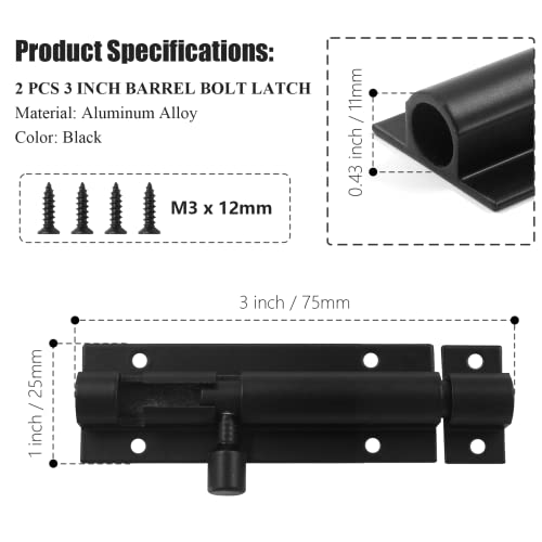 Bivethoi 3 Inch Black Barrel Bolt Latch - 2 Pack Secure Door Lock Hardware