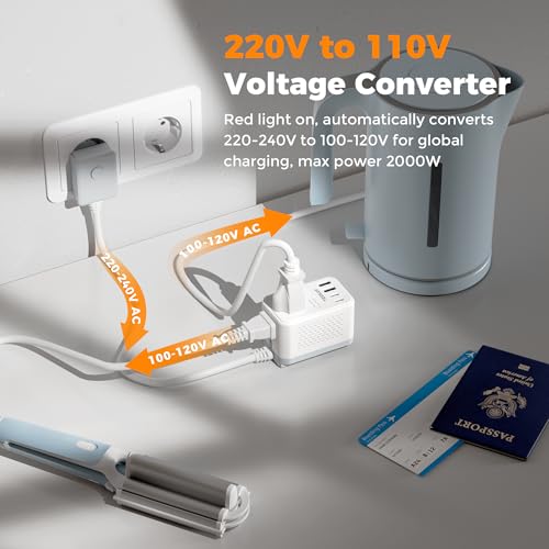 TESSAN International Travel Voltage Converter with 2 Outlets & 4 USB Ports – 220V to 110V Europe Adapter