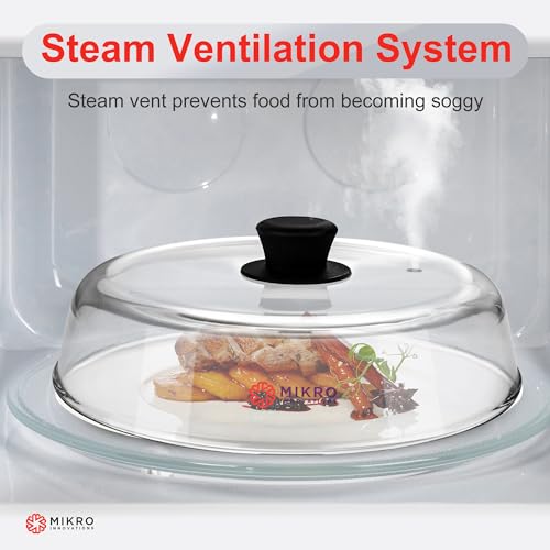Mikro Innovations 10.5-Inch Borosilicate Glass Microwave Splatter Cover with Vent Hole – Black 1 Pack, Easy-Grip Silicone Handle, BPA-Free, Dishwasher Safe