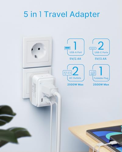 VINTAR 2 Pack European Travel Plug Adapter, Type C Foldable Power Converter, 17W