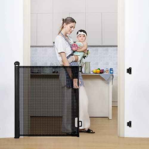 COMOMY Retractable Baby Gate for Stairs, 0-55" Mesh Dog Gate for House Doorways Hallways, 33" Tall Extra Wide Child Safety Gate for Kids Pets, Indoor and Outdoor (Black)