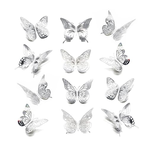 3D Butterfly Wall Decor 48 Pcs 4 Styles 3 Sizes, for Birthday Decorations Party Decorations, Removable Wall Stickers Interior Decoracions Kids Nursery Classroom Wedding Decor (Sliver)