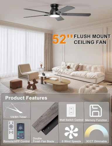 Ohniyou 52'' Black Low Profile Ceiling Fan with Lights, Remote & App Control