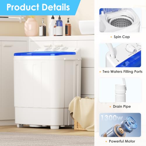 INTERGREAT 18lbs Blue Portable Twin Tub Washing Machine with Spin Dryer