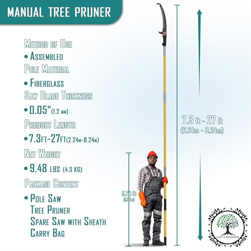 7.3-27 ft Extendable Pole Saw with Blade & Branch Scissors - Lightweight Pruning Tool Set