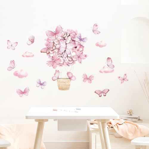 Pink Butterfly Hot Air Balloon Wall Stickers, sacinora DIY Cartoon Art Wall Decals Removable Vinyl Peel and Stick for Kids Baby Girl Nursery Bedroom Children's Room Studyroom Playroom Decorations
