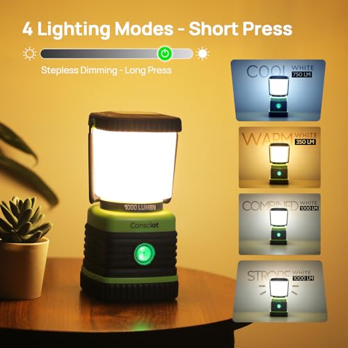 Consciot 1000LM LED Camping Lantern 4 Light Modes Dimmable, 2 Pack Light Green