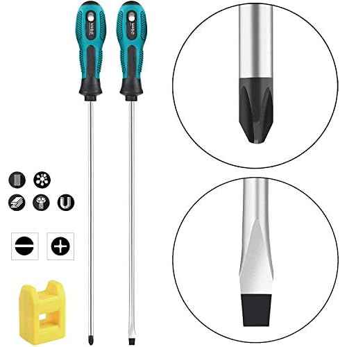 2 Pack 12-Inch Slotted Phillips Screwdriver Set,PH2 Long Flat Blade and Cross-Head Design, Magnetic Extended Screwdriver With Rubber Handle