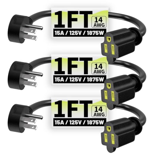 Vockjour Black 1FT 3-Pack Low Profile Flat Extension Cords, 14AWG Heavy Duty