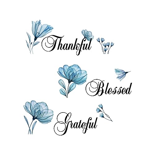 ADECALS Thankful Grateful Blessed Motivational Wall Sticker Blue Flower Butterfly Peel and Stick Wall Art Decor Home Famiy Inspirational Stickers Decor Quotes