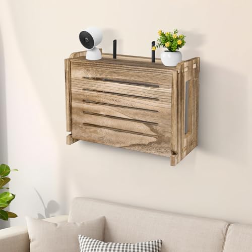 Wooden Router Shelf Wall Mount WiFi Router Storage Box Modem Cable Router Cover Organized Power Strip Cable Management Hider Rack 14.9 * 9.8 * 5.6 in (L* H * W)
