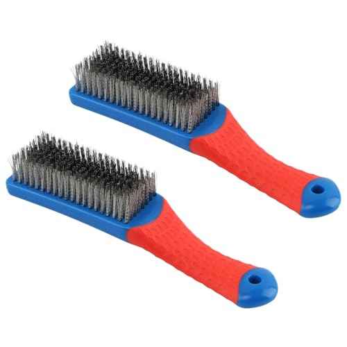 2 Pack Steel Brush for Cleaning-Heavy Duty Stainless Steel Wire Brush for Metal Rust Cleaning,Paint Scrubbing with Rubber Covered Handle