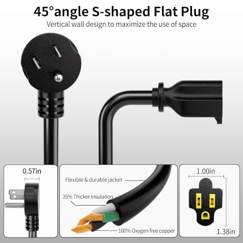 Vockjour Black 1FT 3-Pack Low Profile Flat Extension Cords, 14AWG Heavy Duty