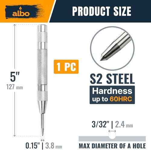 ALBO Spring Loaded Center Punch Tool ? 5 Inch Automatic Punch for Metal, Wood, Steel ? Heavy Duty Drill Punch ? Durable Galvanized Coating, Precision Tip for DIY, Workshop & Professional Use (1pc)